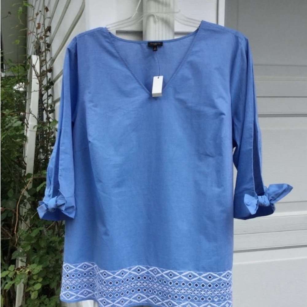Talbots Fun Blue White Embroidery Tie Sleeve - Picture 3 of 4